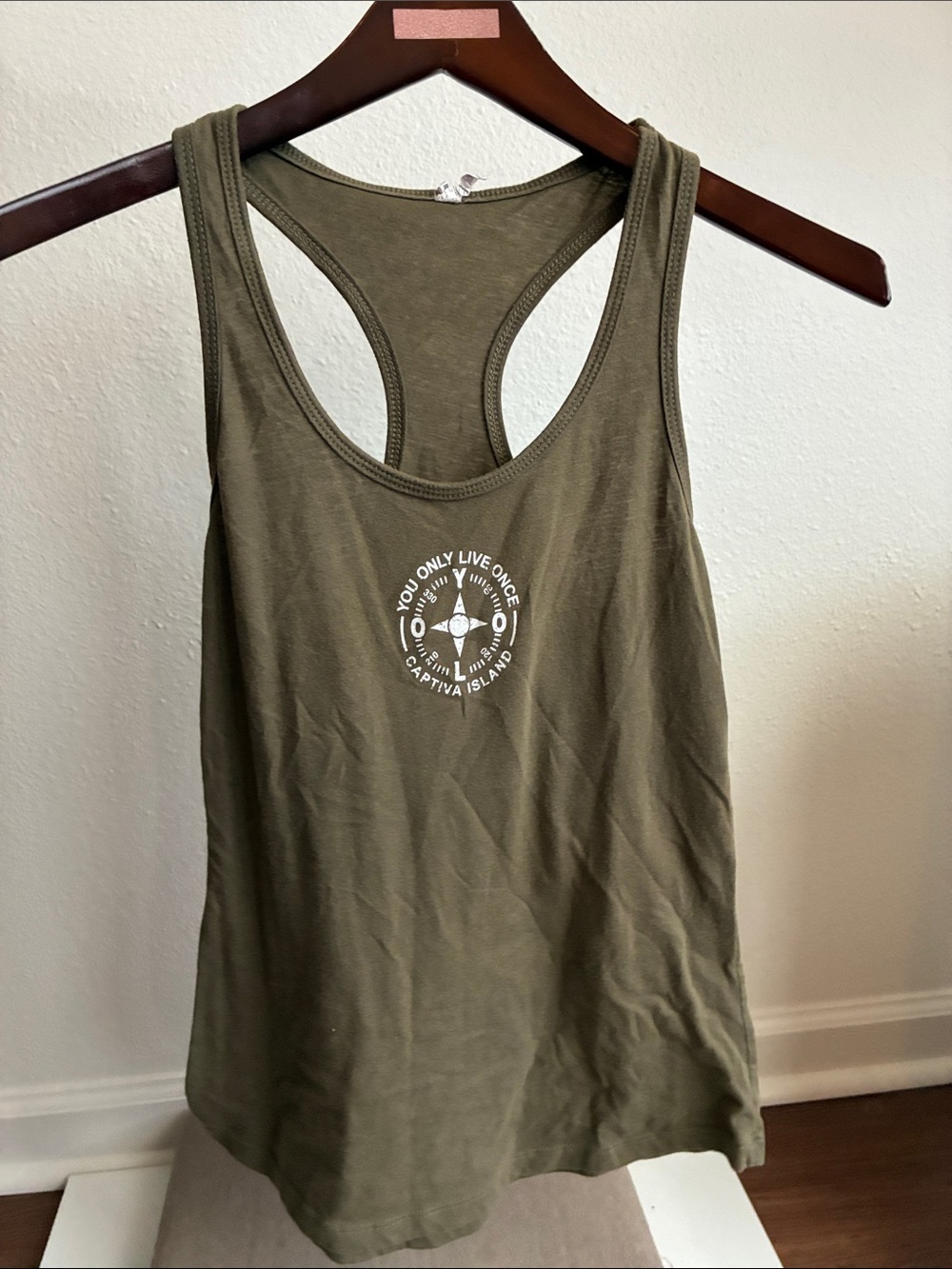 Next Level Apparel Olive Green Racerback Tank with Compass Print YOLO